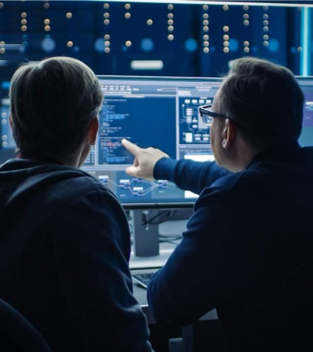 two professional it cloud engineers discussing blockchain data 1600x1200px